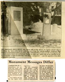 newspaper clipping showing 1987 Petersham Monument