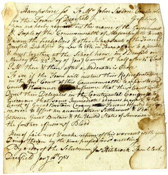 image: Deerfield Town Warrant to Negotiate Peace with Britain, 1781