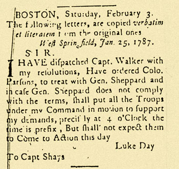 image: Luke Day's Letter to Daniel Shays Printed in the Gazette Concerning the Rendezvous at the Armory