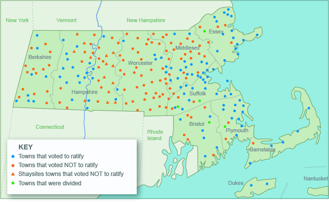 graphic map of Massachusetts showing votes by town regarding ratifying the Constitution