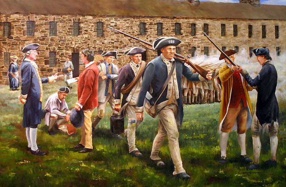 illustration of Revolutionary soldiers leaving West Point at the end of the Revolution and setting out for home