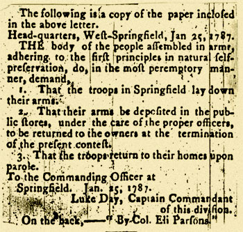 image: Luke Day's Demands to William Shepard Printed in the Gazette