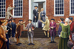 painting of delegates arriving at Independence Hall, Philadelphia for the Constitutional Convention.