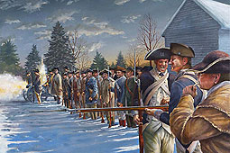 painting of the government militia lined up and firing on the regulators