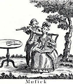 woodcut of man playing flute to seated woman