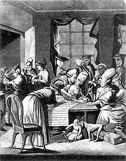 1775 cartoon showing women boycotting foreign goods.