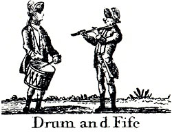 woodcut of a drummer and fife player