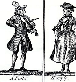 woodcut of fiddler and woman dancing the Hornpipe