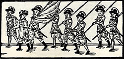 woodcut of soldiers marching with drum, fife, and lances