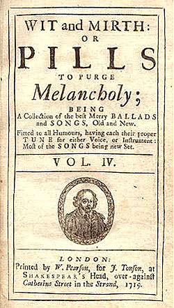 cover of 1719 songbook titled 'Wit and Mirth or Pills to Purge Melancholy'